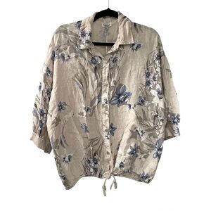 SORELLA Italy Linen Summer Button Front Blouse Floral Print Beige Blue XL